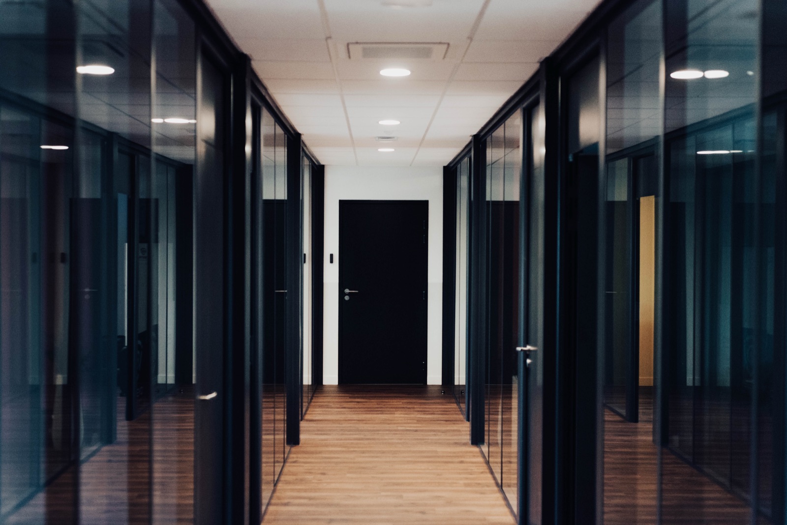 Couloir de bureaux avec cloisons vitrées, lames PVC effet bois en calepinage continu